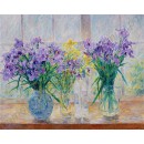 Фиолетовые цветы в хрустальных вазах, масло, холст